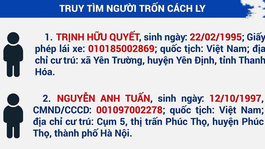 Sở Y tế tỉnh Tây Ninh tìm 2 thanh niên trốn cách ly tập trung.