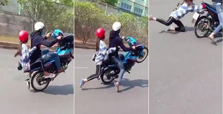Clip: Quái xế bốc đầu xe máy khi chở bạn gái và cái kết đắng