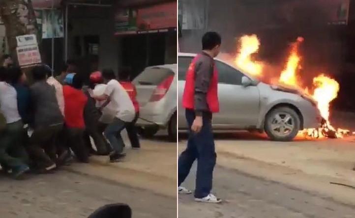 Clip: Hàng chục người hiệp lực kéo ô tô bốc cháy ra khỏi nhà dân ở Thanh Hóa