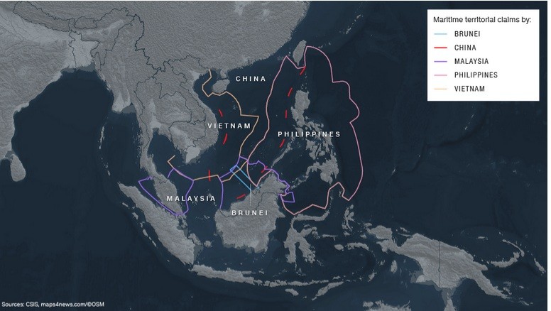 Bản đồ khu vực biển Đông với tuyên bố chủ quyền chồng lấn của các nước khu vực. (Ảnh: CSIS)