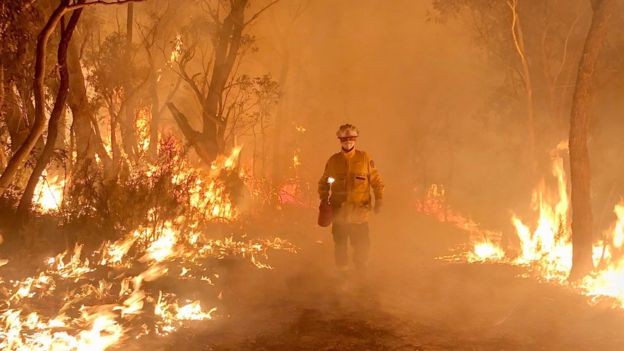 Hàng ngày lính cứu hỏa đang được triển khai để đối với phó tình trạng cháy rừng nghiêm trọng ở Úc. (Ảnh: BBC)