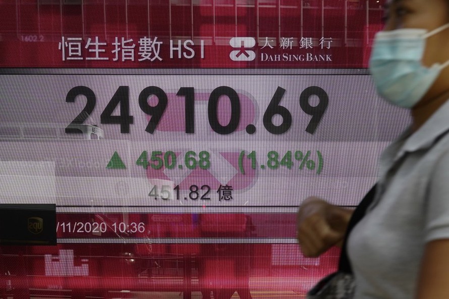 Một bảng hiển thị chỉ số chứng khoán Hong Kong sáng 3/11. (Ảnh: AP)