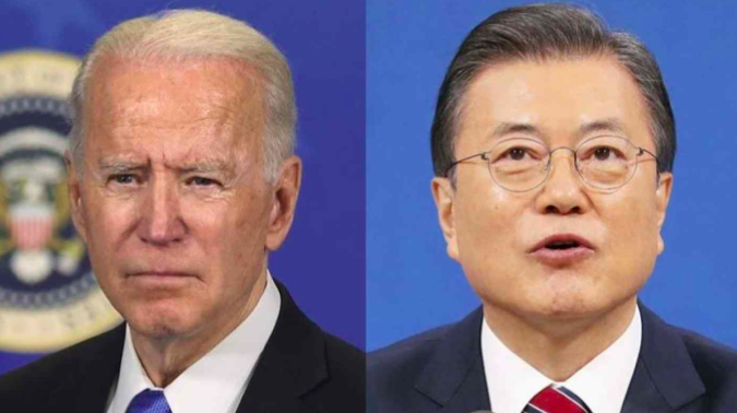 Tổng thống Mỹ Joe Biden (trái) và Tổng thống Hàn Quốc Moon Jae-in (Ảnh: Yonhap, Kyodo)
