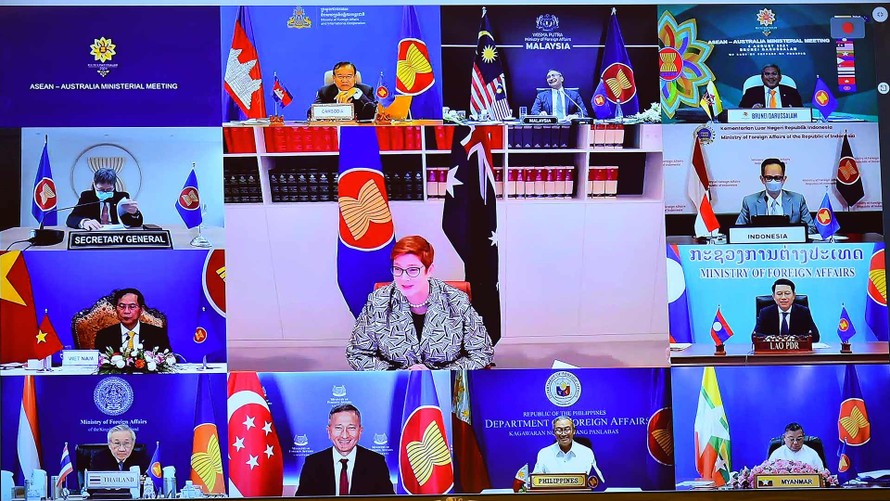 Các Bộ trưởng ngoại giao ASEAN - Úc dự hội nghị trực tuyến ngày 4/8. (Ảnh: Mofa)