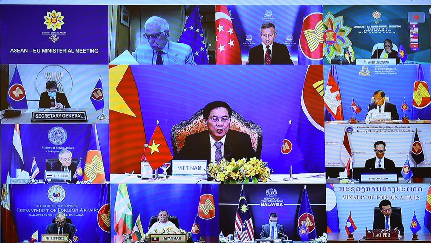 Đại diện cấp cao EU về an ninh và đối ngoại cùng các Bộ trưởng Ngoại giao ASEAN dự hội nghị trực tuyến ngày 6/8. (Ảnh: Mofa)