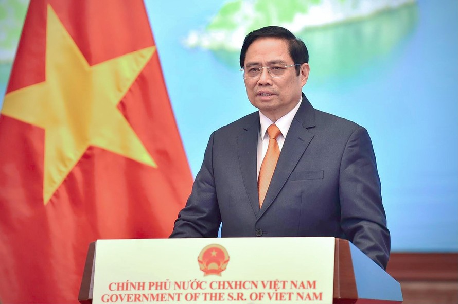 Thủ tướng Phạm Minh Chính trong bài phát biểu nghi hình gửi tới hội nghị. (Ảnh: Mofa)