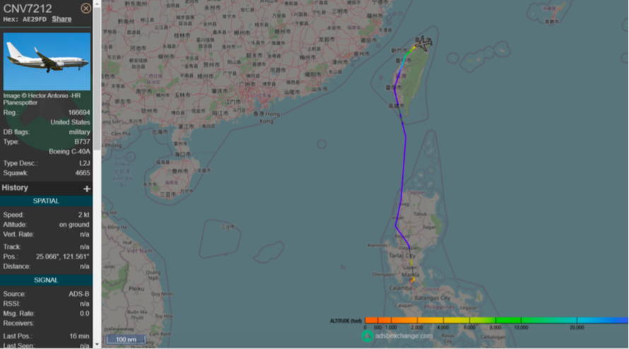 Hành trình của chiếc máy bay C-40A từ Philippines đến Đài Loan được đưa lên Facebook. (Ảnh: Taiwan News)