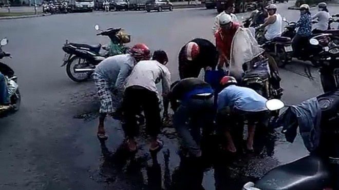 Người Sài Gòn gom tôm sú giúp thanh niên ngã xe
