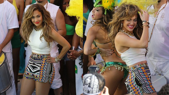 Ca sĩ Jennifer Lopez trên phim trường thực hiện video của ca khúc "We Are One (Ole Ola)"