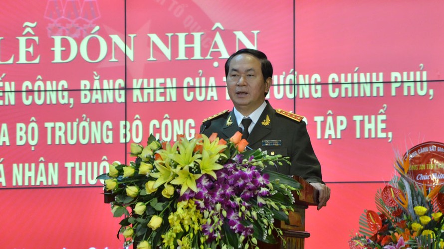 Đại tướng Trần Đại Quang - Ủy viên Bộ Chính trị, Bộ trưởng Bộ Công an phát biểu tại buổi lễ. Ảnh: Thanh Hà.