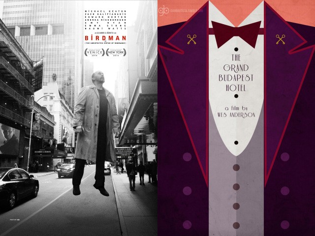 'Birdman' (trái) và 'The Grand Budapest Hotel' (phải) là 2 phim nhận được nhiều để cử nhất tại Oscar mùa thứ 87.