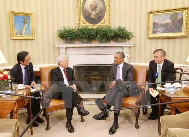 Tổng Bí thư Nguyễn Phú Trọng và Tổng thống Hoa Kỳ Barack Obama gặp gỡ báo chí. Ảnh: Trí Dũng/TTXVN.