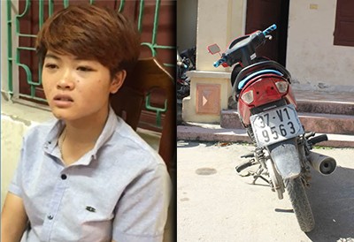Nguyễn Thị Thương tại CQĐT và chiếc xe máy mà hai “nữ quái” dùng để cướp giật.