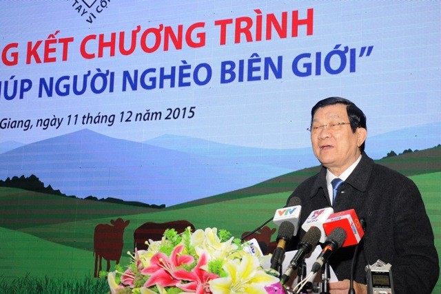 Chủ tịch nước Trương Tấn Sang phát biểu tại buổi lễ tổng kết Chương trình “Bò giống giúp người nghèo biên giới”.