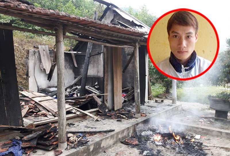 Trong cơn say, Toàn (ảnh nhỏ) tự tay đốt nhà mình rồi đâm chết công an viên xã Khánh Thượng.