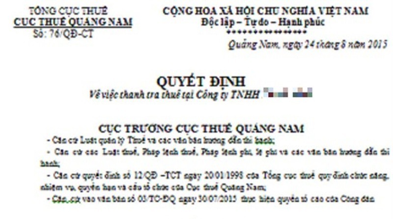 Quyết định Thanh tra của Cục Thuế Quảng Nam bị làm giả, gửi đến bằng đường thư điện tử đến một Cty tại Đại Lộc hồi tháng 10 vừa qua.