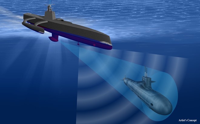 Ảnh đồ họa thiết kế và hoạt động của tàu săn ngầm không người lái Sea Hunter. Ảnh đồ họa: DARPA