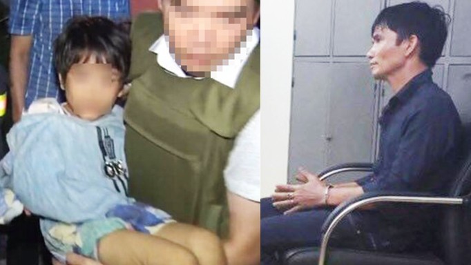 Bé 6 tuổi bị bạo hành và đối tượng Kiên khi vừa bị bắt. Ảnh: Công an Nhân dân