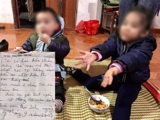 Hai cháu bé cùng bức thư tìm thấy trên người.