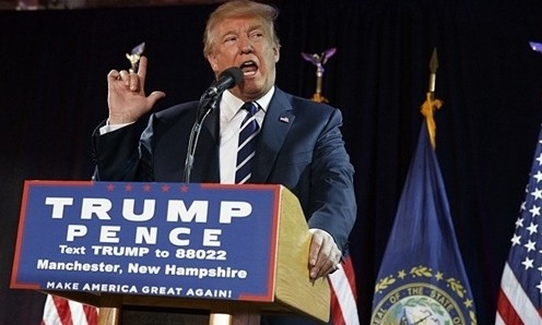 Ứng viên tổng thống Mỹ đảng Cộng hòa Donald Trump hôm qua phát biểu tại buổi vận động tranh cử ở Manchester. Ảnh: AP.