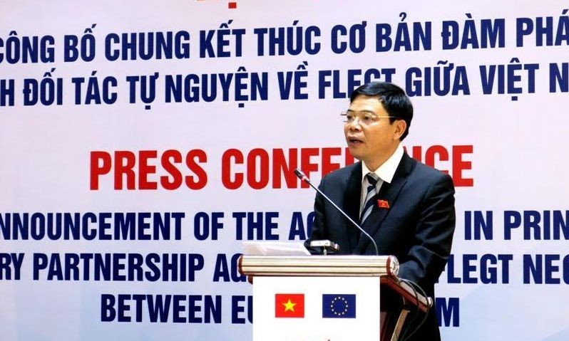 Bộ trưởng NN&PTNT Nguyễn Xuân Cường phát biểu tại lễ công bố kết thúc cơ bản đàm phán Hiệp định GLEGT với EU.