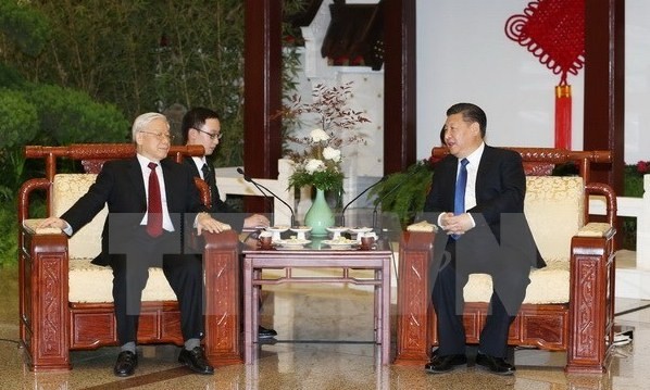 Tổng Bí thư, Chủ tịch Trung Quốc Tập Cận Bình chủ trì Tiệc trà chào mừng Tổng Bí thư Nguyễn Phú Trọng. (Ảnh: Trí Dũng/TTXVN).