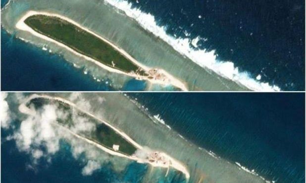 Đá Bắc chụp từ vệ tinh ngày 15/2 (ảnh trên) và ngày 6/3 (ảnh dưới). Ảnh: Planet Labs.