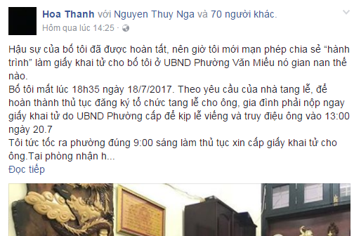 Hành trình xin giấy chứng tử ở phường Văn Miếu khiến nhiều người vô cùng bức xúc.