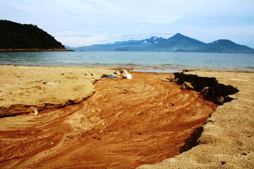 Bùn, đất đỏ từ 40 nền móng biệt thự chảy xuống biển Tiên Sa. 