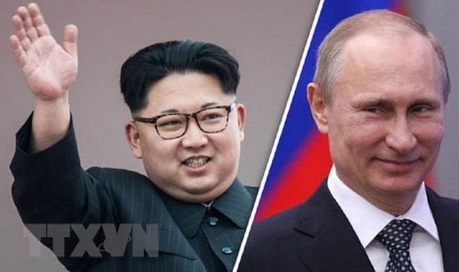 Nhà lãnh đạo Triều Tiên Kim Jong-un và Tổng thống Nga Vladimir Putin. (Ảnh: Express/TTXVN)