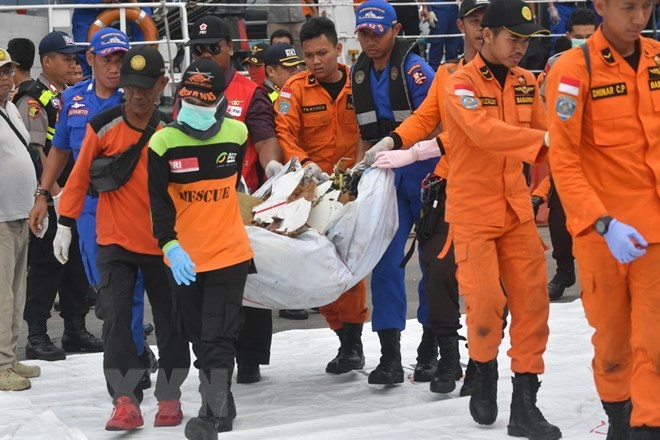 Nhân viên cứu hộ Indonesia tham gia chiến dịch tìm kiếm nạn nhân vụ tai nạn máy bay Lion Air JT 610. (Nguồn: AFP/TTXVN)