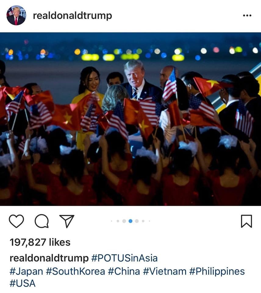 Bức ảnh Hà My tặng hoa Tổng thống Donald Trump từng được ông đăng tải trên trang Instagram chính thức.