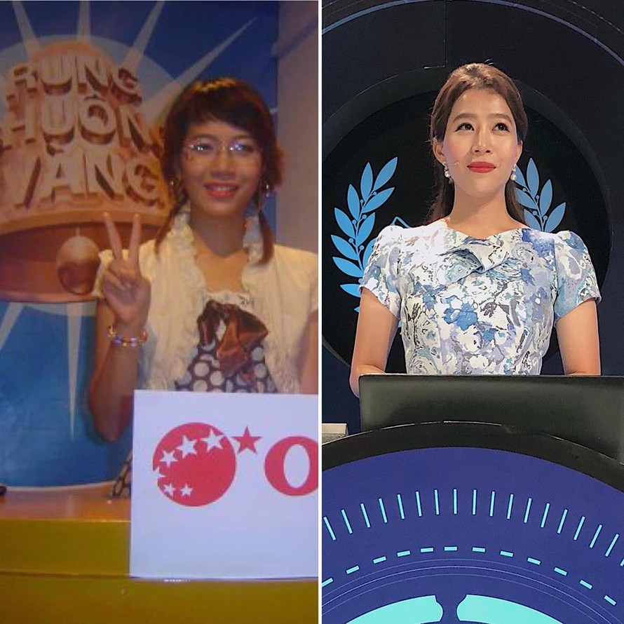 Hình ảnh BTV Diệp Chi trong chương trình "Rung chuông vàng" năm 2006 và "Đường lên đỉnh Olympia" năm 2019.