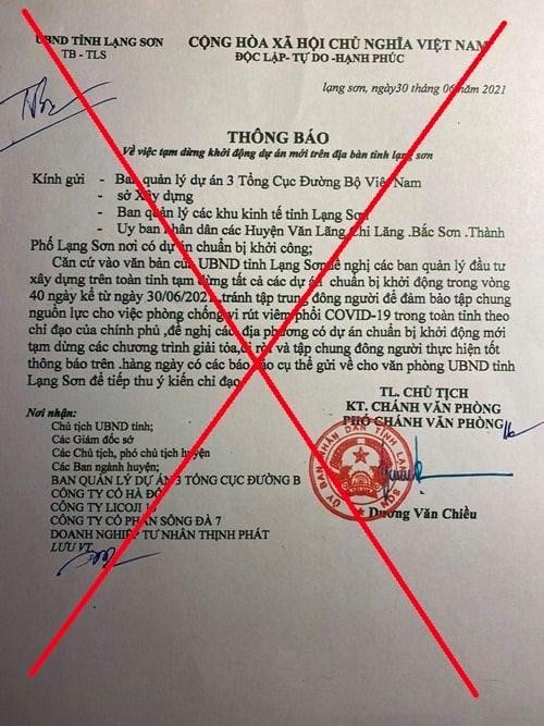 UBND tỉnh Lạng Sơn khẳng định nội dung văn bản này lan truyền trên mạng xã hội là giả mạo -Ảnh: TL