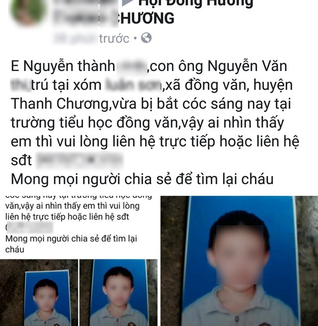 Thông tin về việc cháu Nguyễn Thành V. bị bắt cóc được đăng tải trên một fanpage có hàng trăm nghìn thành viên 
