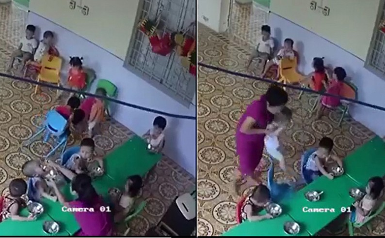 Giáo viên mầm non nhồi nhét thức ăn, đánh không thương tiếc bé trai 2 tuổi ở Hà Nội.(Ảnh: cắt từ clip). 