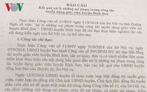 Báo cáo của UBND huyện Bình Sơn về kết quả xử lý những cá nhân liên quan đến sai phạm trong kỳ thi tuyển giáo viên 2017-2018. 