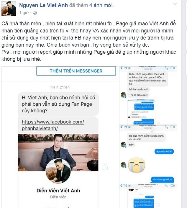 Việt Anh cảnh báo để người khác không "dính bẫy" lừa đảo của facebook mạo danh nam diễn viên