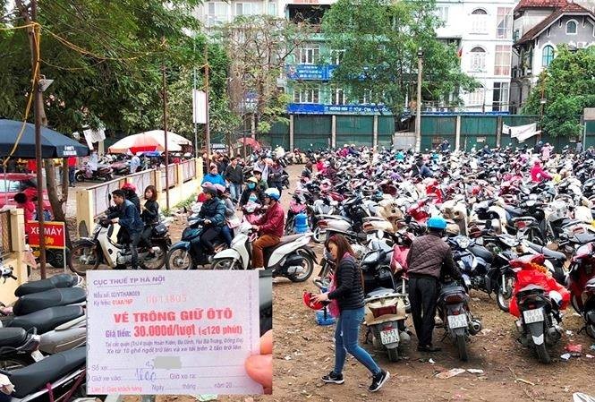 Bãi trông xe máy (ảnh lớn) và vé thu giá ô tô dưới 9 chỗ sai quy định (ảnh nhỏ) của Cty Huy Khánh tại Phủ Tây Hồ những ngày qua.