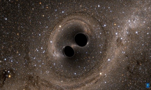 Hình ảnh mô phỏng hai hố đen sáp nhập tạo ra những gợn sóng cách đây 1,3 tỷ năm. Ảnh: SXS
