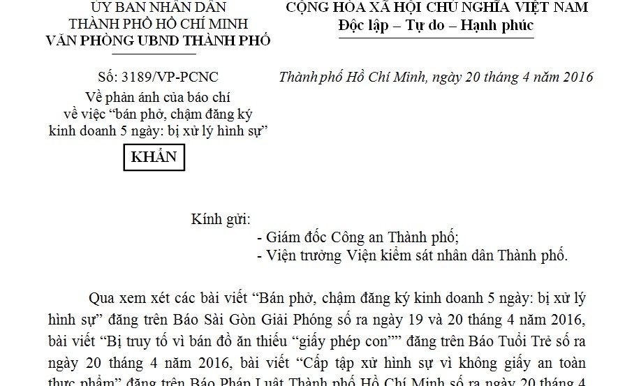 Văn bản khẩn của Phó Chủ tịch UBND TPHCM Lê Thanh Liêm chỉ đạo giải quyết dứt điểm vụ việc “Bán phở, chậm đăng ký kinh doanh 5 ngày: bị xử lý hình sự”. Ảnh: Phương Dy.