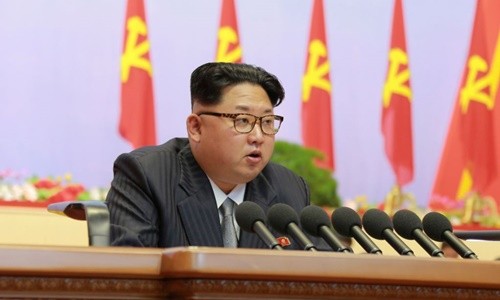 Lãnh đạo Triều Tiên Km Jong-un trong Đại hội Đảng. Ảnh: Reuters