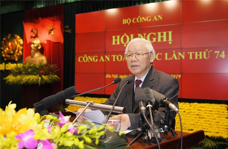 Tổng Bí thư, Chủ tịch nước Nguyễn Phú Trọng phát biểu tại Hội nghị Công an toàn quốc lần thứ 74. Ảnh: Bộ Công an