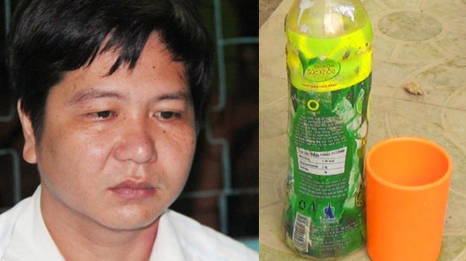 Nguyễn Minh Tiên tại Cơ quan CSĐT Công an huyện Thanh Bình và chai trà xanh bị can Tiên dùng chứa axít gây thương tích 4 đồng nghiệp 