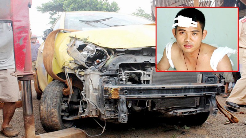 Chiếc xe taxi biến dạng sau tai nạn và đối tượng Tài tại trụ sở Công an xã Phước Minh