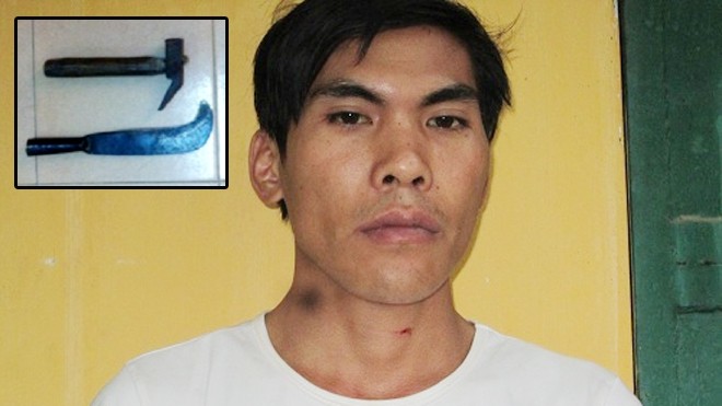 Hung thủ Trần Văn Bảy tại cơ quan điều tra và hung khí thu thập được tại hiện trường vụ án.