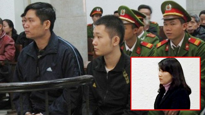 Nguyễn Mạnh Tường cùng đồng phạm (ảnh lớn) và vợ Tường - chị Nguyễn Thị Hằng tại phiên xử sơ thẩm (ảnh nhỏ)