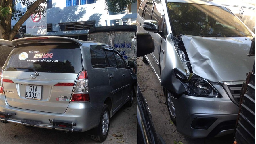 Chiếc xe ô tô do thượng úy Nguyễn Văn Xịn lái gây tai nạn khiến 2 cha con thương vong đang bị tạm giữ tại công an huyện Củ Chi