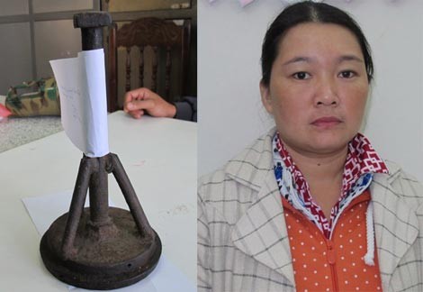 Nguyễn Thị Thanh Trinh và cái đe sắt dùng để sát hại anh Tâm