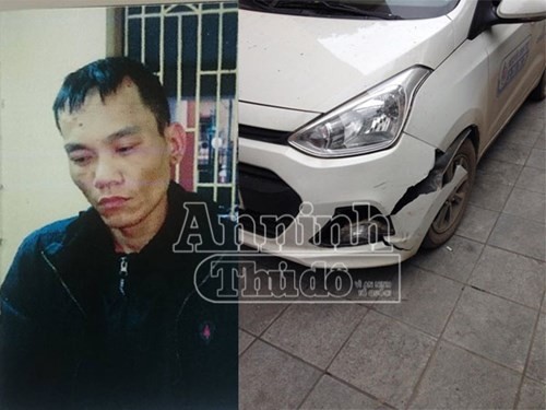 Đối tượng cướp taxi Nguyễn Văn Tú cùng chiếc xe taxi bị hư hại sau va chạm